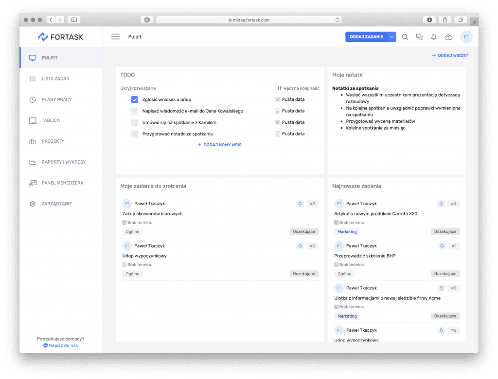 Fortask – panel główny